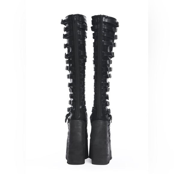 Gothic Black Buckle Strappy Monster Wedge Knee High Platform Boots - 9 - Picture 7 of 17